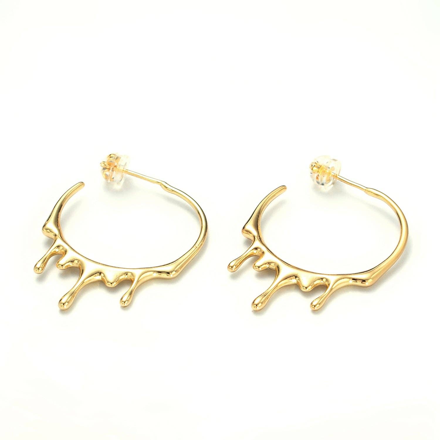 Simply Jewels - Wholesale Hoop Earrings - Gold 25mm Molten Drip Minimalist C-Shaped Hoop Earrings0