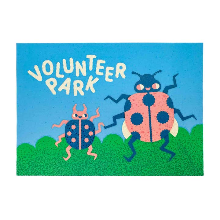 Volunteer Park Ladybug and Baby Beetle Postcard for wholesale by Wug Prints