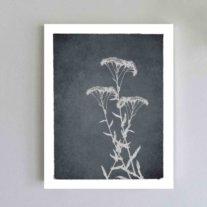 Imprimé botanique Yarrow - Silhouette de fleurs blanches sur sac gris pour la vente par Little Green Herbaria