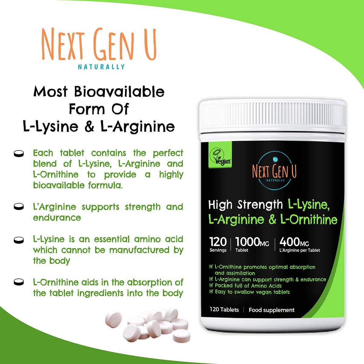 Next Gen U - Vente Supplément oral/vitamine - 120 comprimés de L-lysine, L-arginine et L-ornithine 1000 mg1