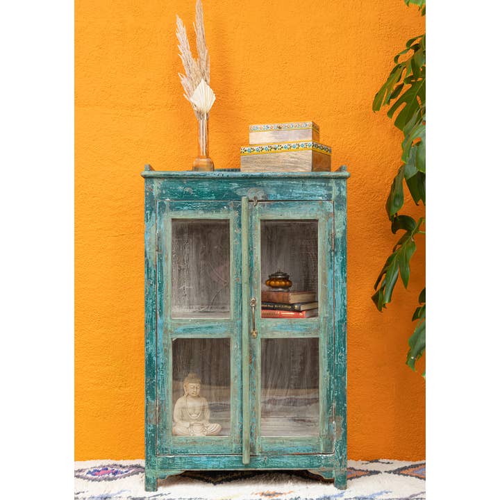 Namaste - Venta al por mayor Armario - Armario vintage de 2 puertas de madera y vidrio verde oscuro