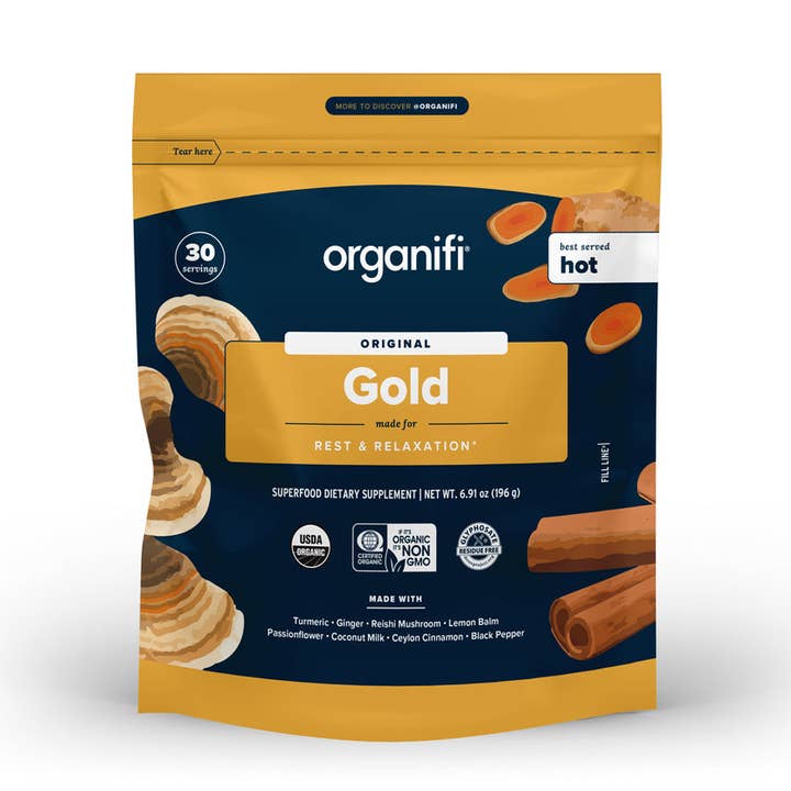 Thé en poudre relaxant aux superaliments au curcuma doré pour la vente par Organifi