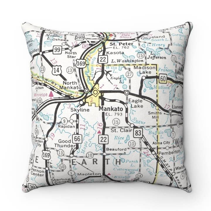Mankato Minnesota Map Pillow – 18" Square Throw Pillow for wholesale by Daisy Mae Designs