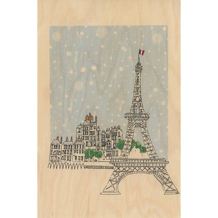 Wood Postcard Paris Icons Snowy Eiffel for wholesale by Woodhi