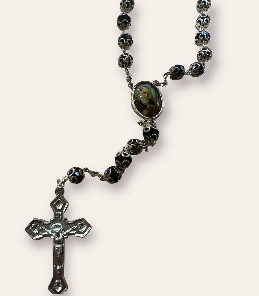 SAN JUDITAS RELIGIOUS ARTICLES - Wholesale Prayer Beads Necklace - CRYSTAL CAPPED ROSARY: BLACK -ST. BENEDICT2