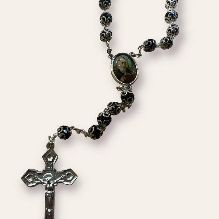 SAN JUDITAS RELIGIOUS ARTICLES - Wholesale Prayer Beads Necklace - CRYSTAL CAPPED ROSARY: BLACK -ST. BENEDICT2
