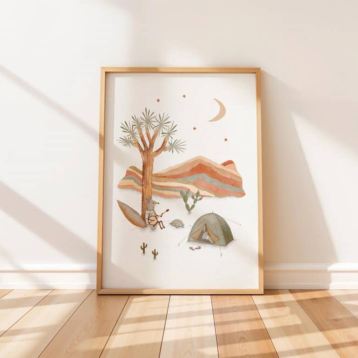 Desert Fox Camping Art Print – Whimsical Adventure Decor for wholesale by Urchin Bay