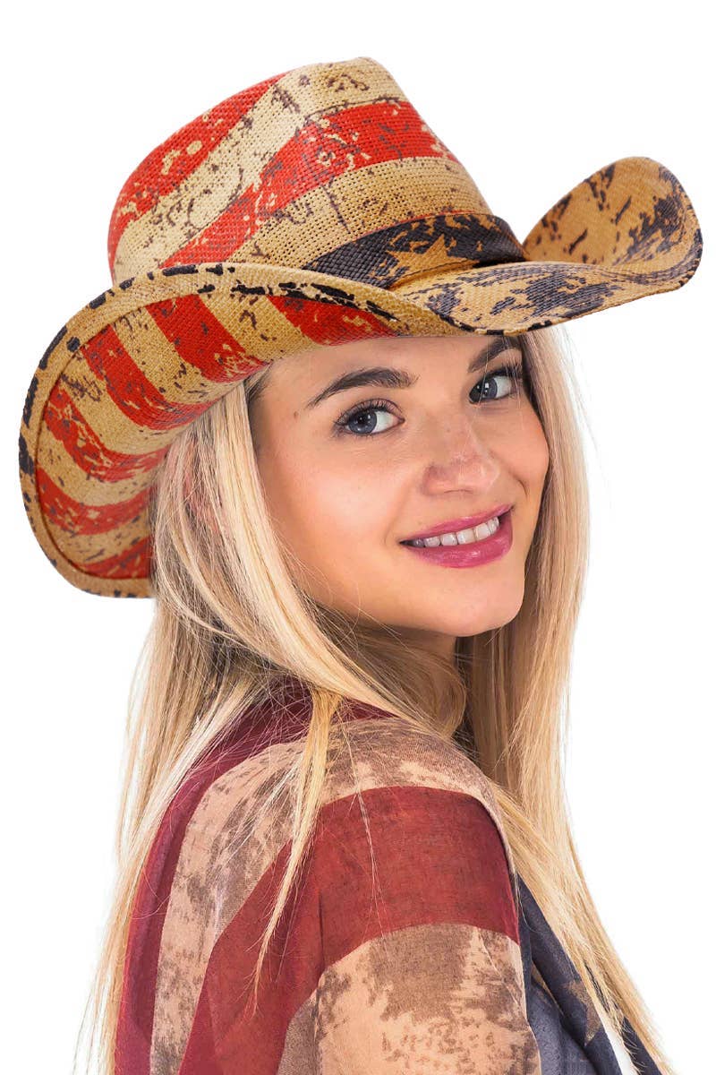 TAN Vintage Speckled American Flag Cowboy Hat for wholesale on Faire0