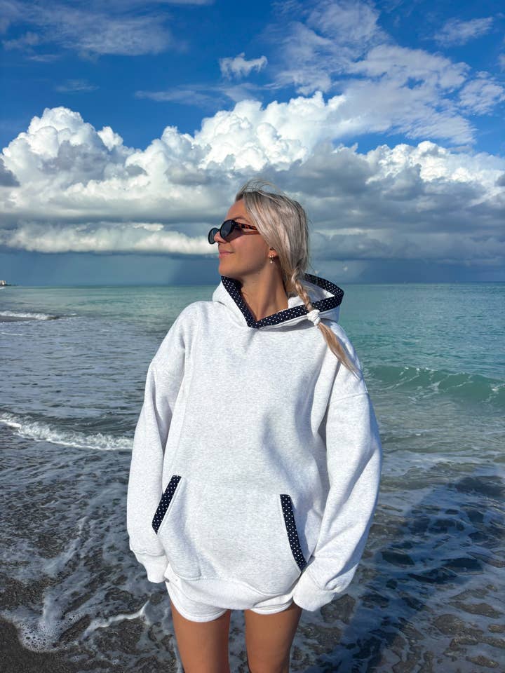 Sunkissed Coconut - Wholesale Hoodie - Women's - Pearl Grey Navy Blue Polka Dot Hoodie1