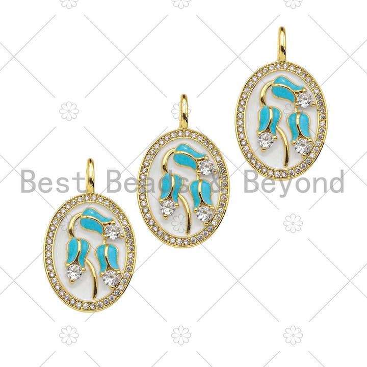 Pendentif fleur en émail bleu turquoise sur émail blanc de forme ovale, breloque ovale en émail rempli d'or 18 carats, 19 x 30 mm, SKU #Z1376 pour la vente par BestBeads&Beyond