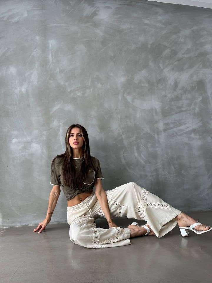 Design company-Fatma Balkir - Wholesale Pants - Women's - Linen Pants with Lace Detail for Women- Relaxed Fit Boho