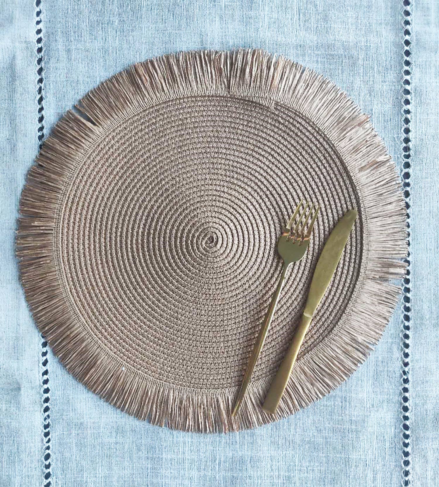 Fennco Styles - Wholesale Placemat - Handwoven Fringe Boho 15" Round Placemat19