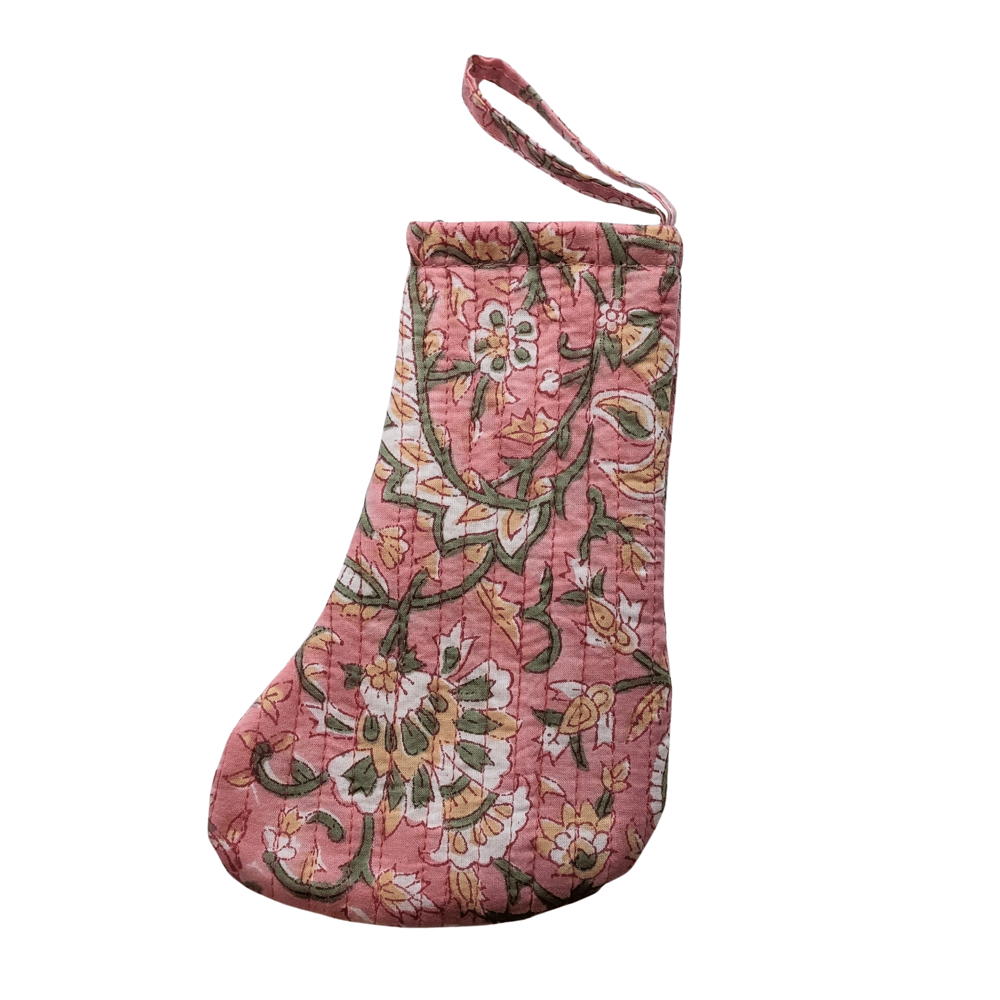 Twinflower – wholesale Holiday Stocking – Mini Christmas Stocking Block Print Floral Pink & Green0