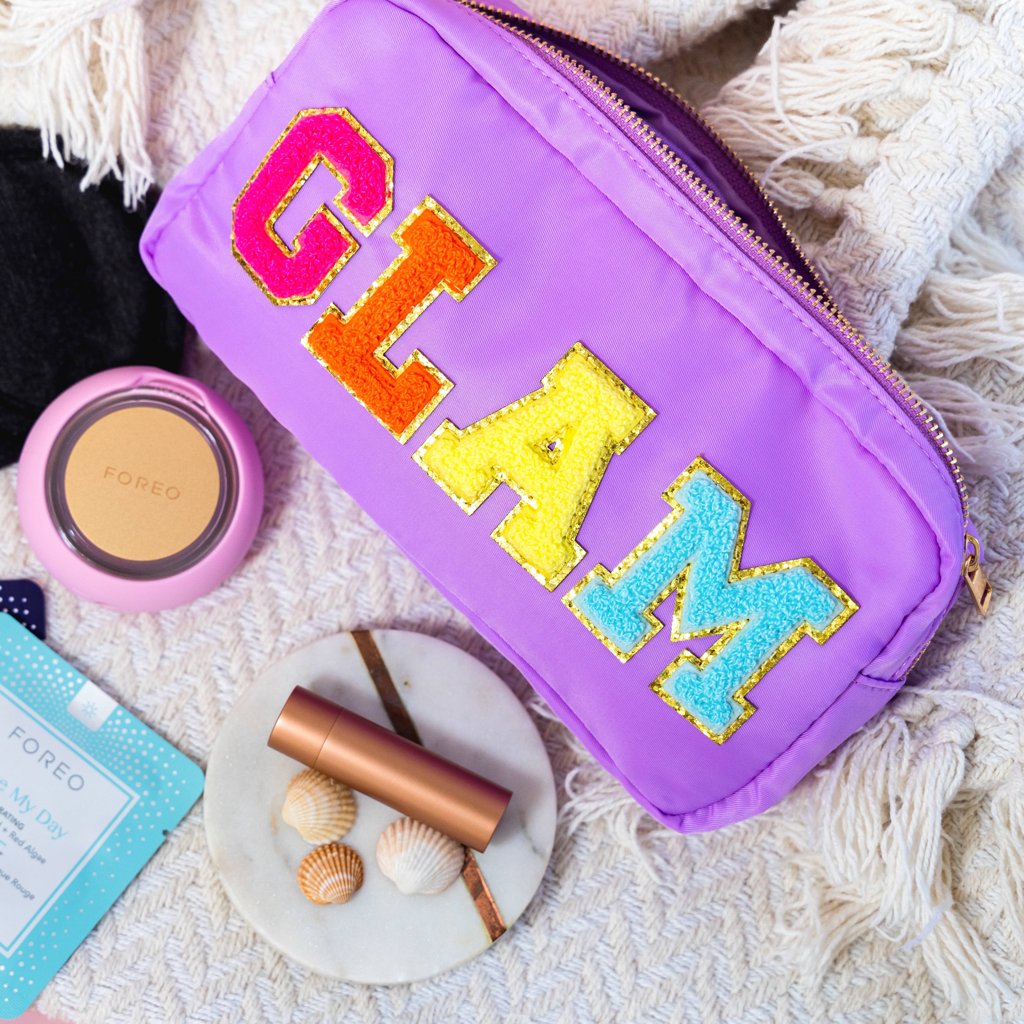 Natalia - Wholesale Makeup/Cosmetic Bag - Preppy Nylon Chenille Letter Travel Makeup Pouch - GLAM3