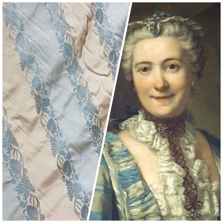 NEW Contessa Irene Faux Silk Taffeta Champagne and Pastel Blue Striped with Vine Embroidery for wholesale by Fancy Styles Fabric