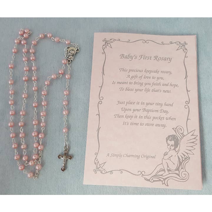 Pink Rosary With Baby'S First Rosary Poem for wholesale by Simply Charming