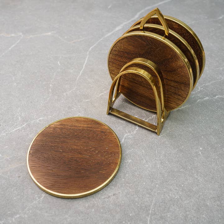 India Handicrafts Inc - Wholesale Coasters - Gold Edge Wood Coaster Set w/ Brass Stand, Set of 4
