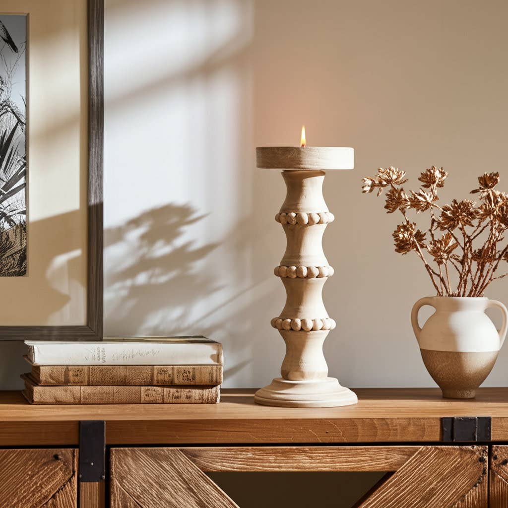 Sagebrook Home - Venta al por mayor Candelabros - Portavelas de Pilar de Madera con Detalles de Cuentas - Marfil, 33 cm.11