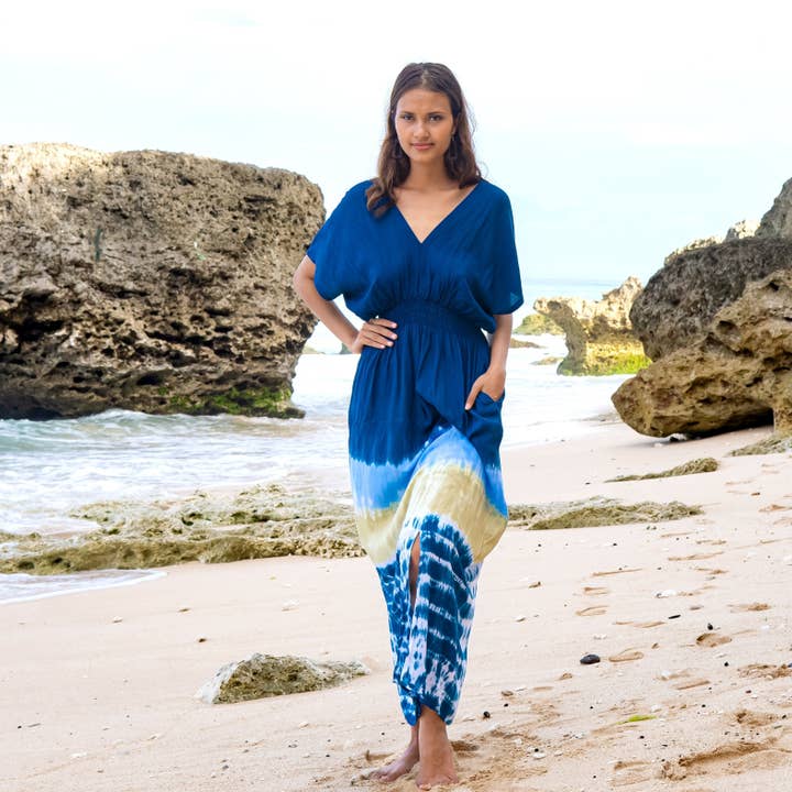 Beach Stripe & Tie Dye Maxi Dress In Navy for wholesale by Suzie Blue Canada