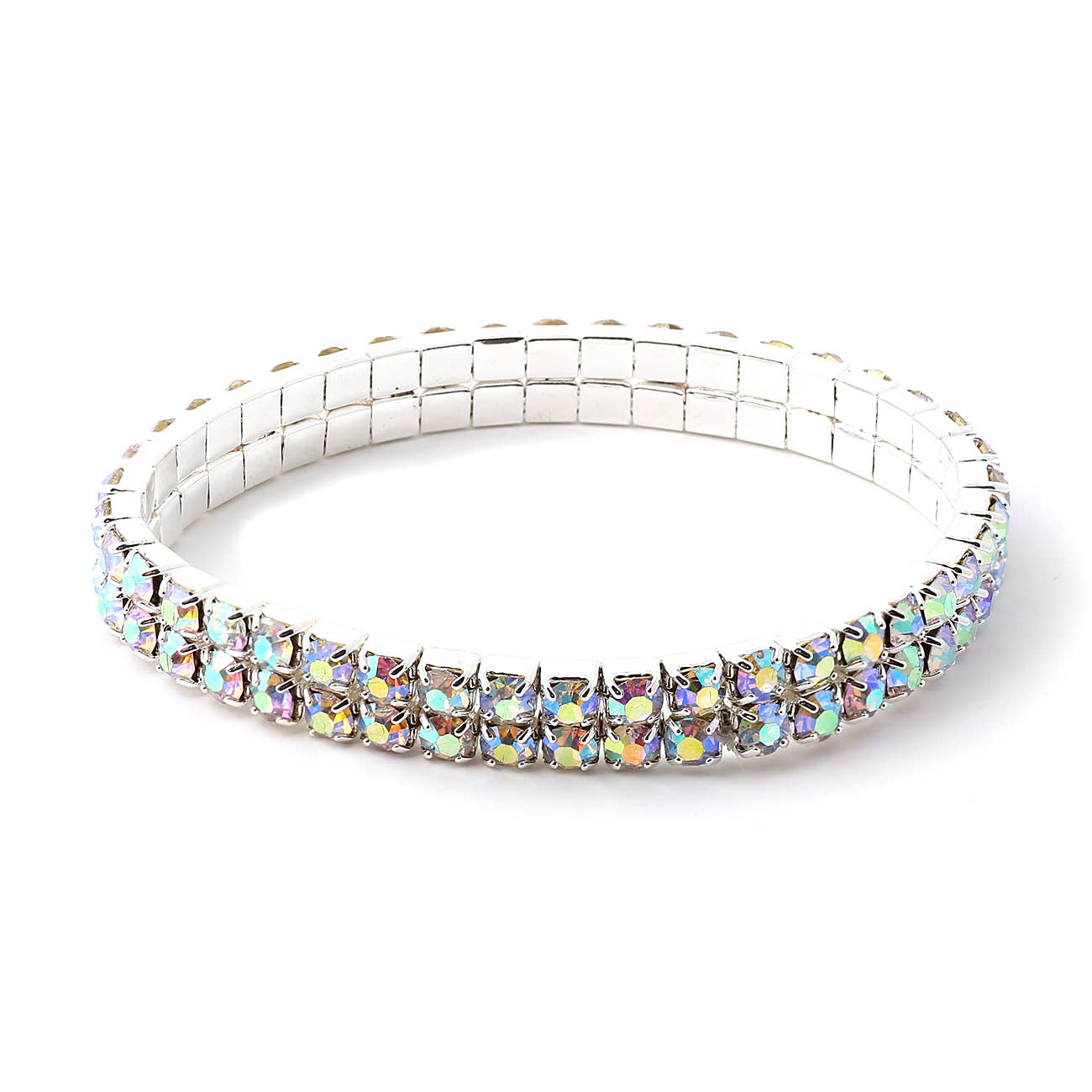 Cool Crystals - Wholesale Tennis Bracelet - Silver Aurora Borealis Square Rhinestones Stretch Bracelet0