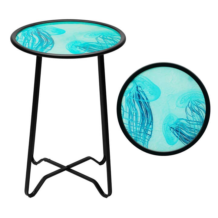 G128 14 in Round Glass Outdoor Side Table Jellyfish Ocean Pattern | Decorative Plant Stand, Small End Table for Garden Patio Porch Living Room for wholesale by G128