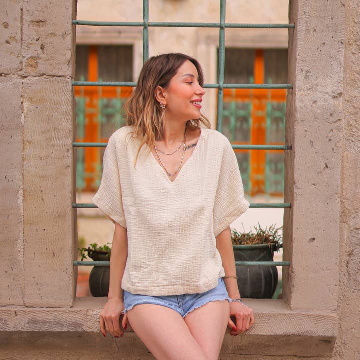 Beige Double Gauze V-Neck Blouse for wholesale by Moa