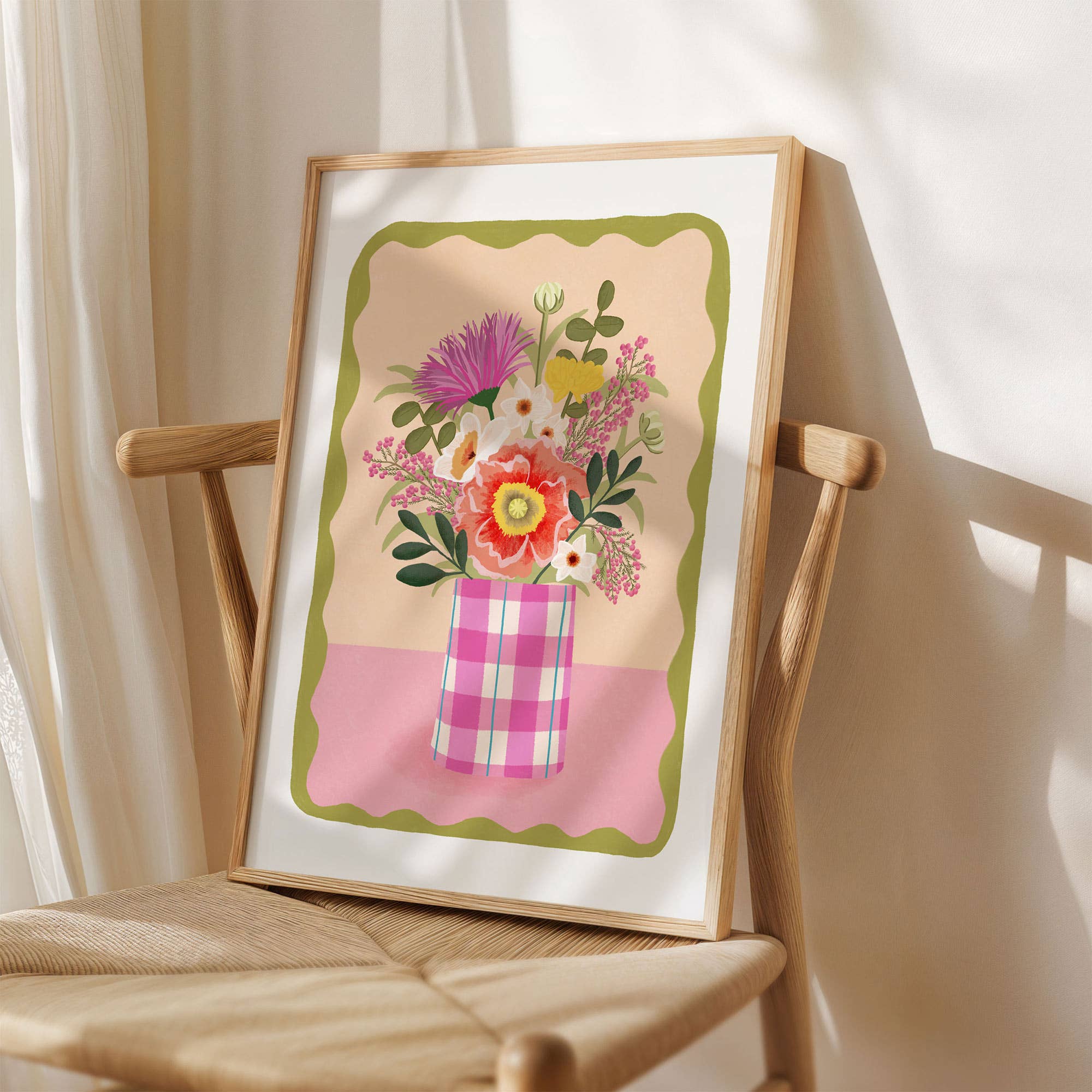 Natalie Lea Owen – Handmade Jewellery & Greeting Cards - Wholesale Art Print - Flowers in Gingham Vase Print | Pink, Hand-drawn, Cute Art2