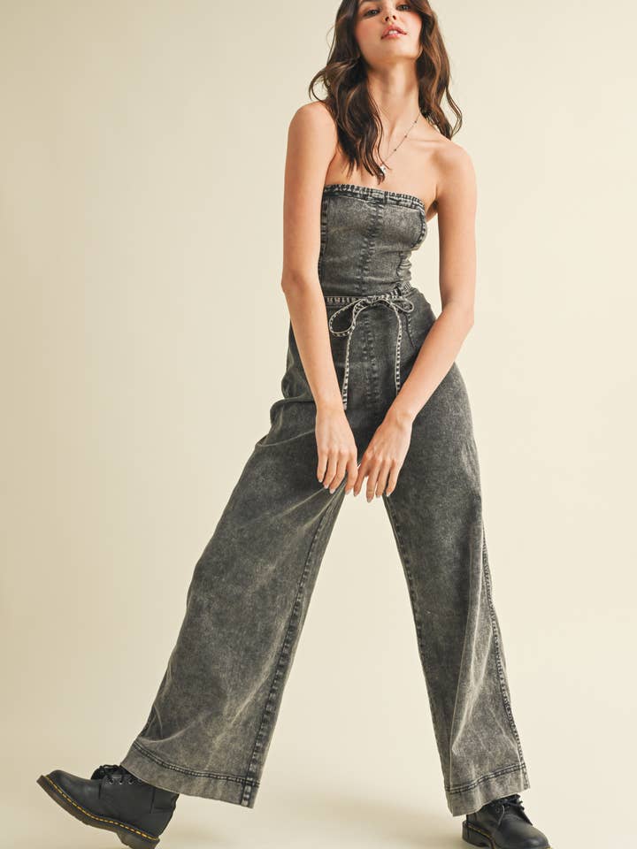 STRAPLESS DENIM JUMPSUIT for wholesale by Mustard Seed