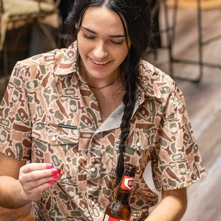 Southern Drinking Club - Wholesale Button Down Shirt - Men's - Beer Camo Performance Pearl Snap Shirt