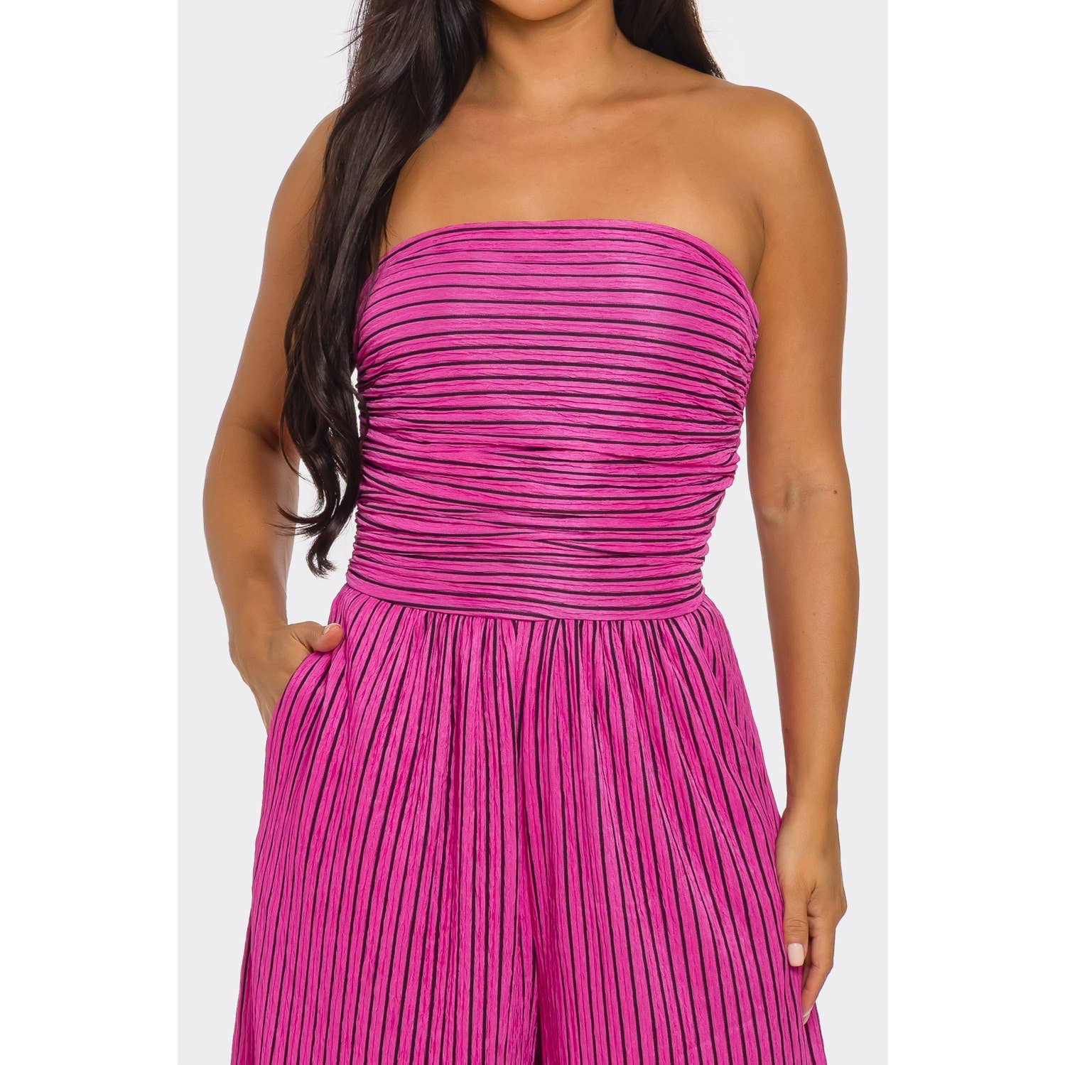 ITSSY - Wholesale Jumpsuit - Women's - Striped Strapless Pleated Wide Leg Jumpsuit10