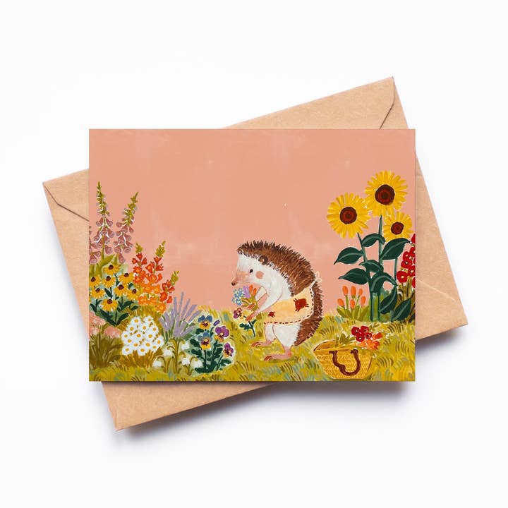 Hedgehog Gardener Single Blank Greeting Card for wholesale by Randi Lynn Reed Illustration