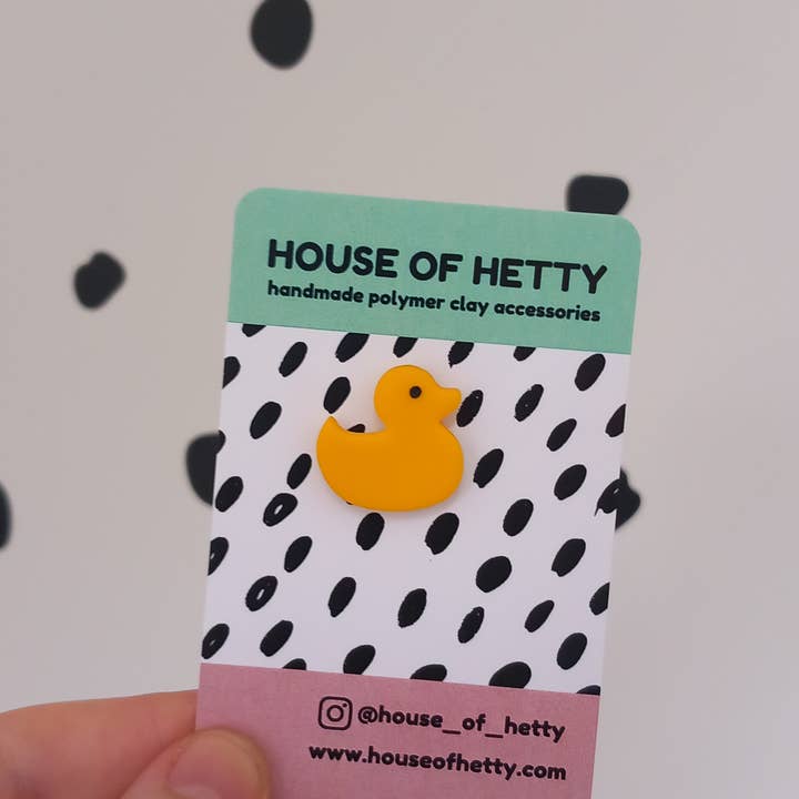Lucky yellow duck polymer clay pin badge for wholesale by House of Hetty
