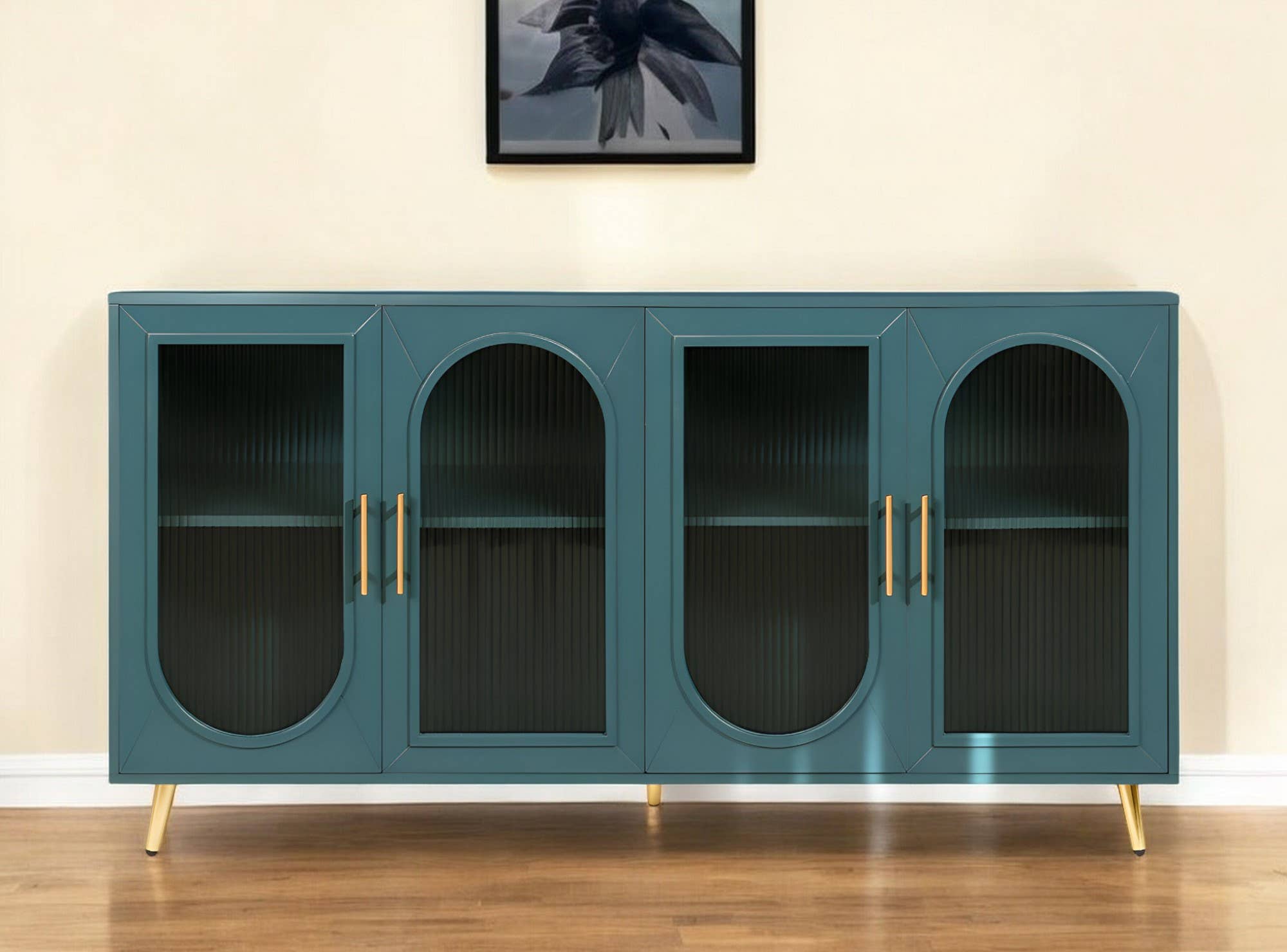 HomeRoots - Wholesale Sideboard - 60" Teal Blue Ribbed Texture Sideboard with Four Doors0