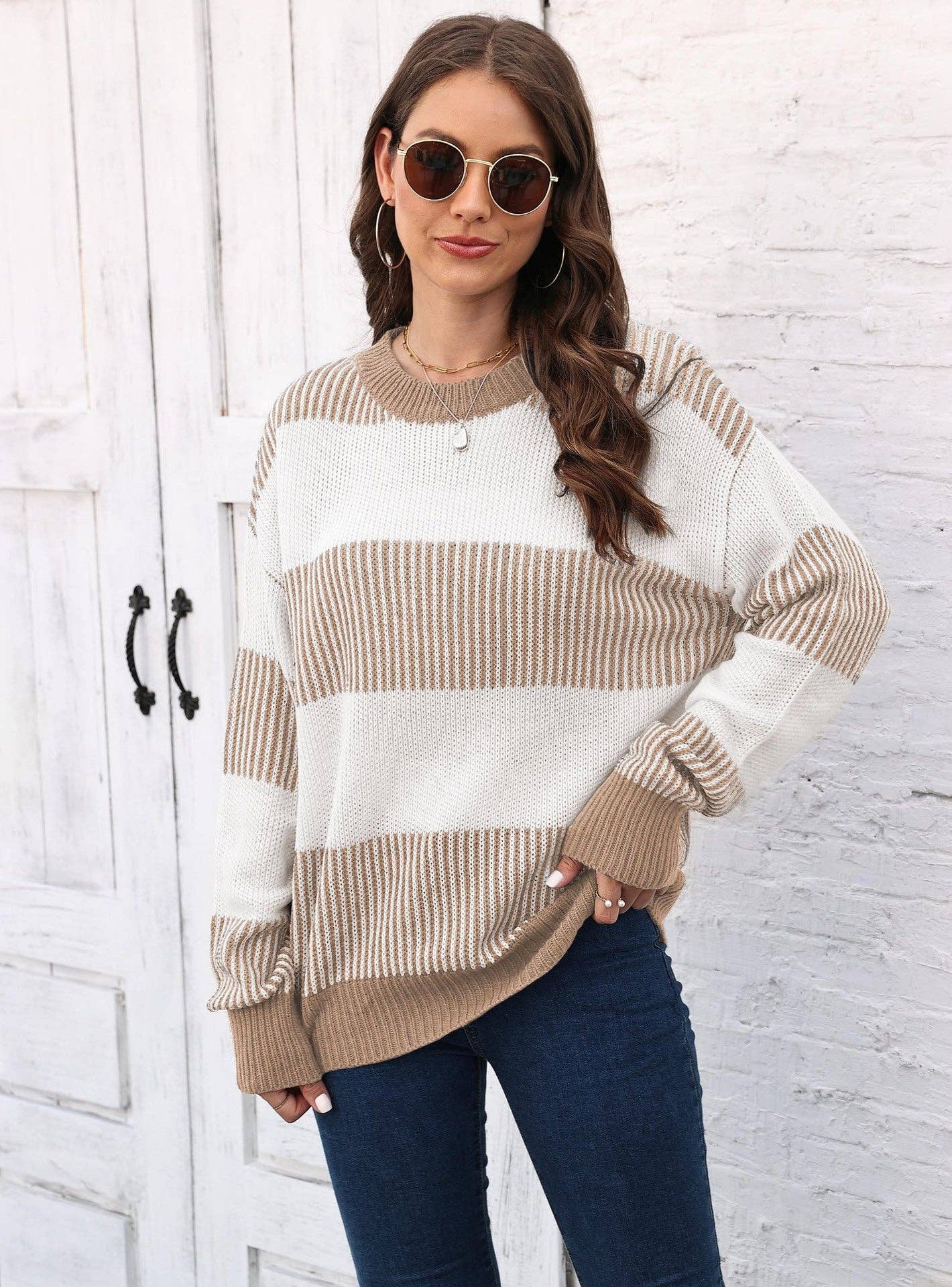 Suhkasana - Wholesale Knit Sweater - Women's - Plus Size Colorblock Striped Sweater | Cozy Fall/Winter Knit7