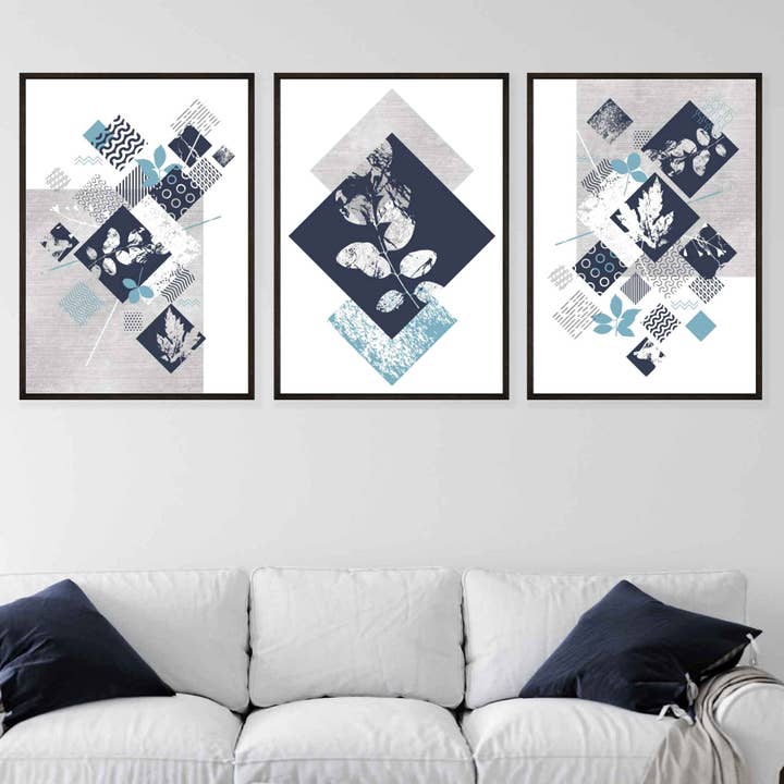 Set van 3 abstracte geometrische marineblauwe en aqua bloemenprints voor wholesale door Artze Wall Art