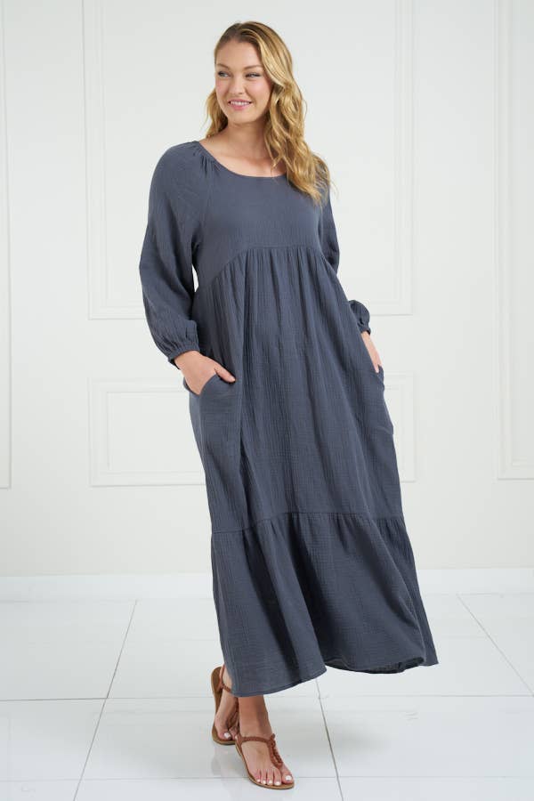 Chris & Carol Apparel - Wholesale Dress - Women's - NI51D-pocket - Cotton Gauze Ruffle Dress10