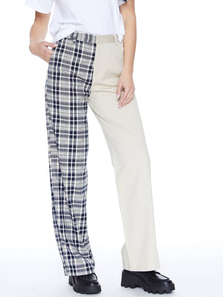 Koffiepauze broek met wijde pijpen in kaki en plaid voor wholesale door Blue Revival