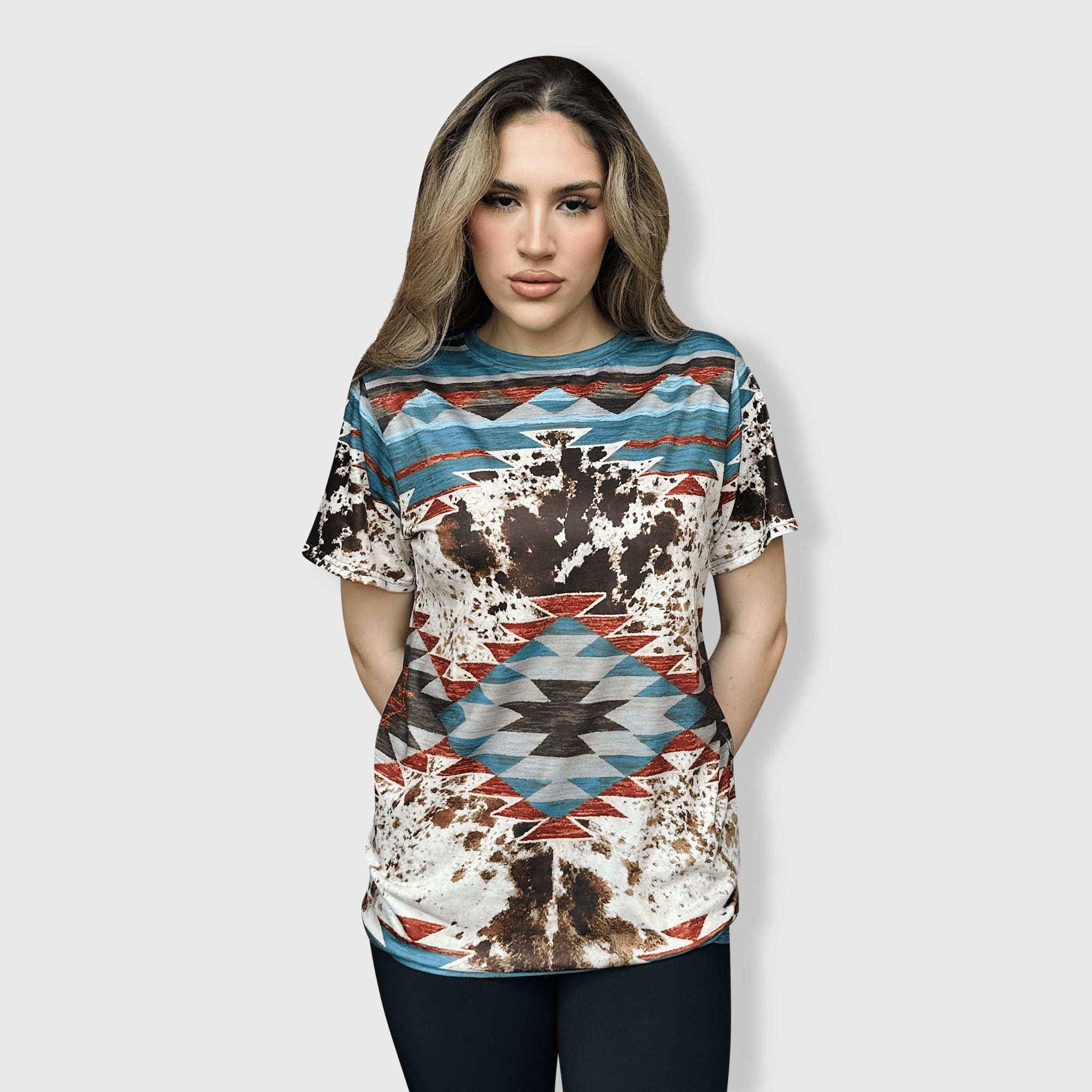 ILTEX Apparel - Wholesale T-Shirt - Women's - Aztec Cow Teal Top1