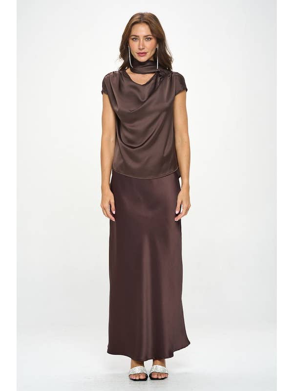 Renee C. - Wholesale Blouse - Women's - Made in USA Satin Cowl Neck Short Sleeve Top with Scarf1