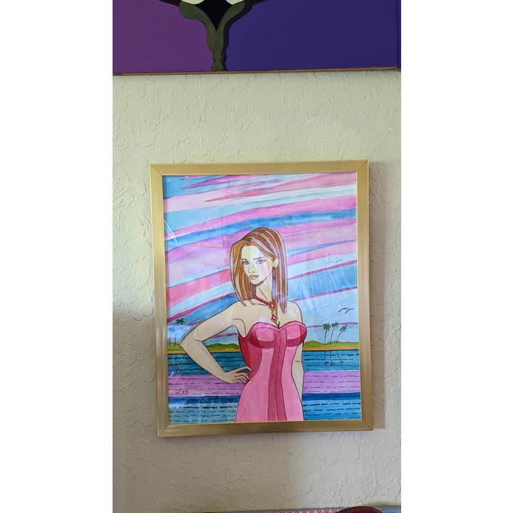 Akvarel Maleri Kvinde Florida Sunset Original Indrammet for engroshandel hos Sharon Tatem Fashion LLC