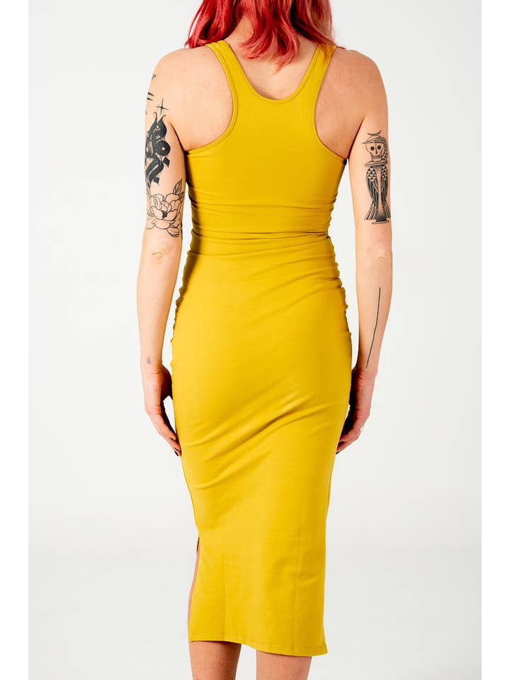Shinni Neck Midi Dress In Mustard Seed for wholesale on Faire