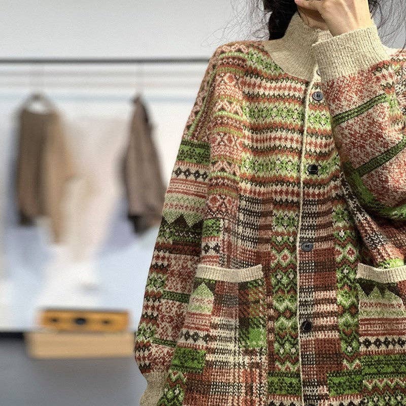KHAKI Langer Jacquard-Strickcardigan mit Farbblockmuster für den Großhandel auf Faire2
