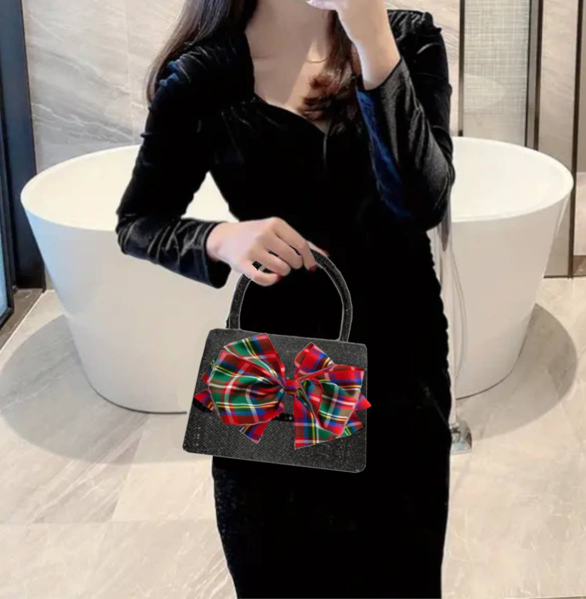 Peachy Pendants - Wholesale Top Handle Bag - Women's - Sparkle Purse - with Red Plaid Bow6