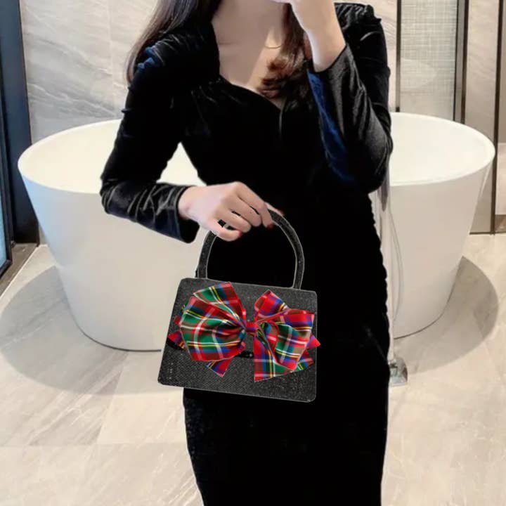 Peachy Pendants - Wholesale Top Handle Bag - Women's - Sparkle Purse - with Red Plaid Bow6