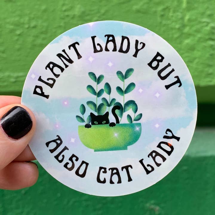 Plant Lady But Also Cat Lady Glossy Circle Vinyl Sticker for wholesale by GetBullish