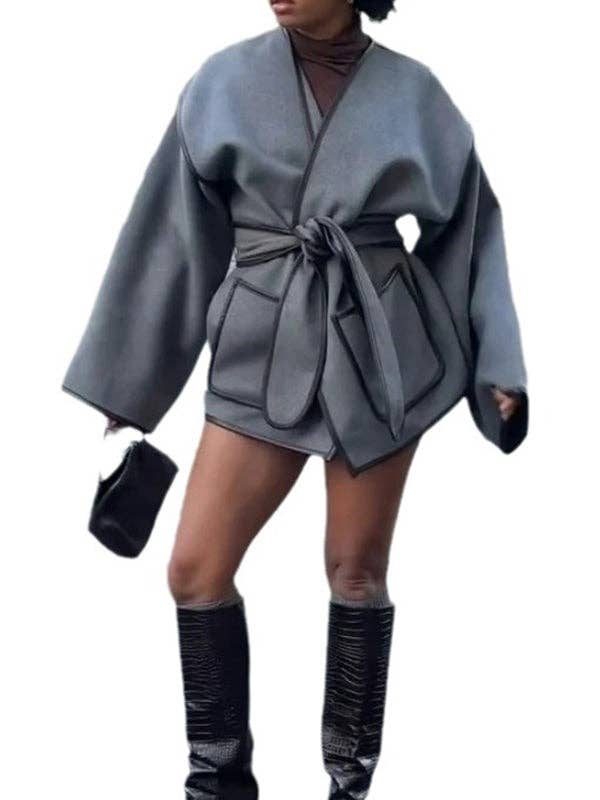 GRAY Long Sleeves Loose Pockets Solid Color Split-Joint Tied Waist V-neck Woolen Coat for wholesale on Faire8
