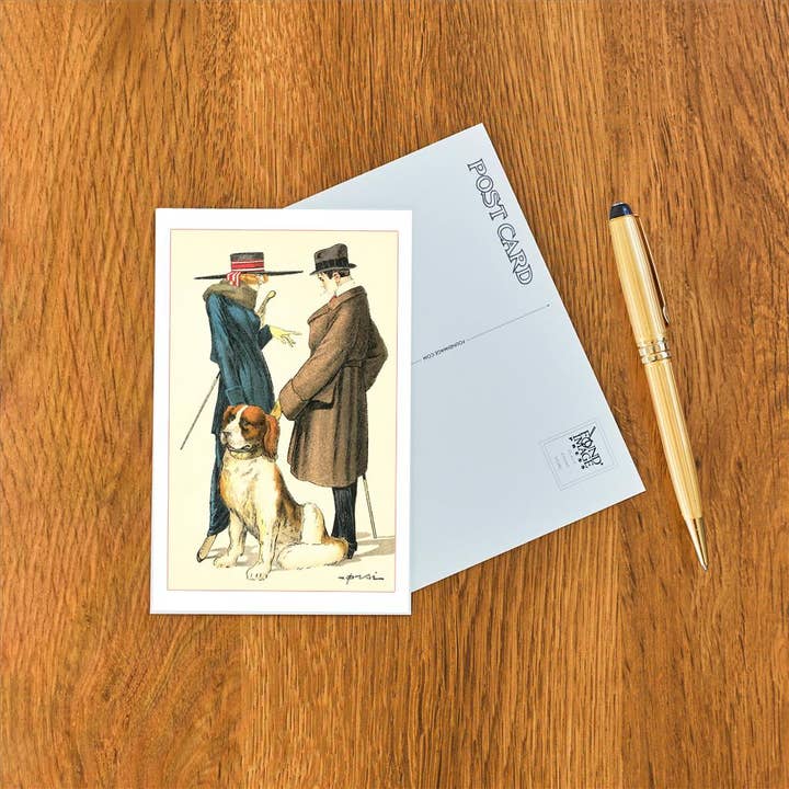 Found Image Press – wholesale Vykort – Vykort DG-76 Par på gata med Sankt Bernhardshund