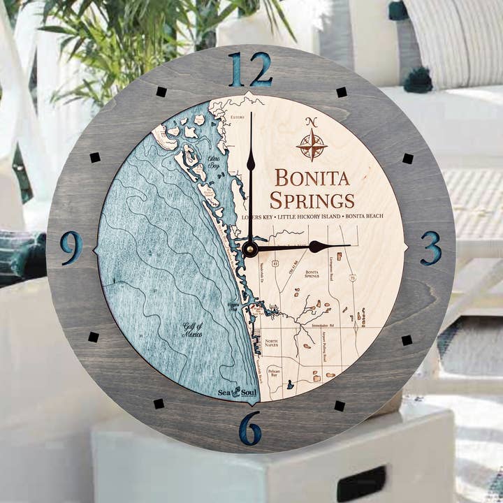 Reloj de Pared de Madera con Carta Náutica 3D de Bonita Springs - 2 Niveles para venta al por mayor de Sea & Soul Nautical Chart Art