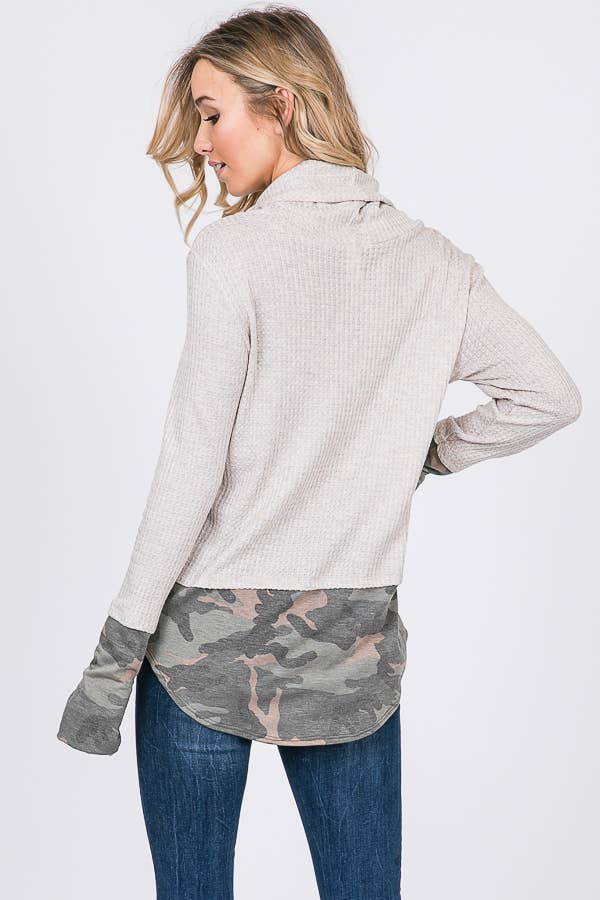 7th Ray - Wholesale Sweatshirt - Women's - Brushed Waffle Camo Contrast Thumbhole Cuff Twofer Top T204113