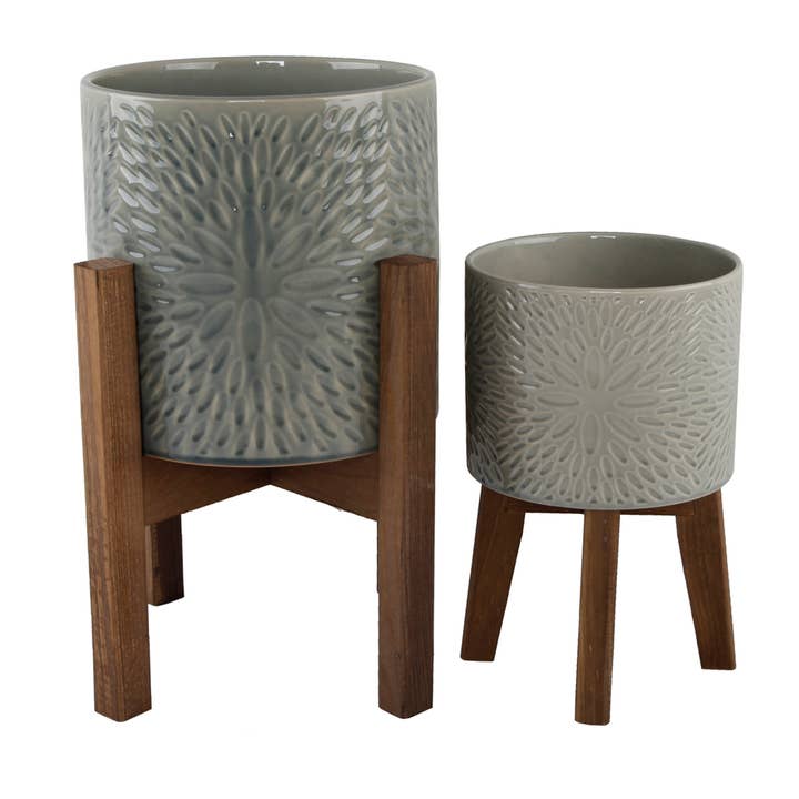 Sunburst Ceramic Planter On Wood Stand - Set Of 2 for wholesale by Flora Bunda Inc